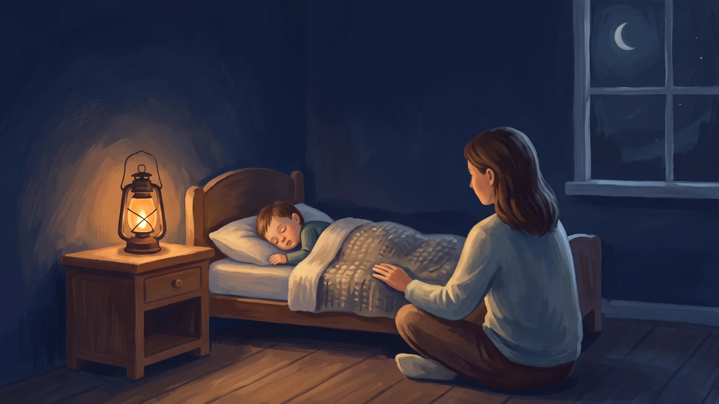 A mother sitting beside her sleeping child, with a lantern lighting the bedside