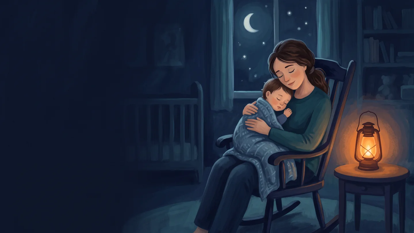 A mother and child resting together in a rocking chair beside a lantern