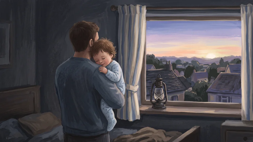 A father holding his child by the window as morning arrives