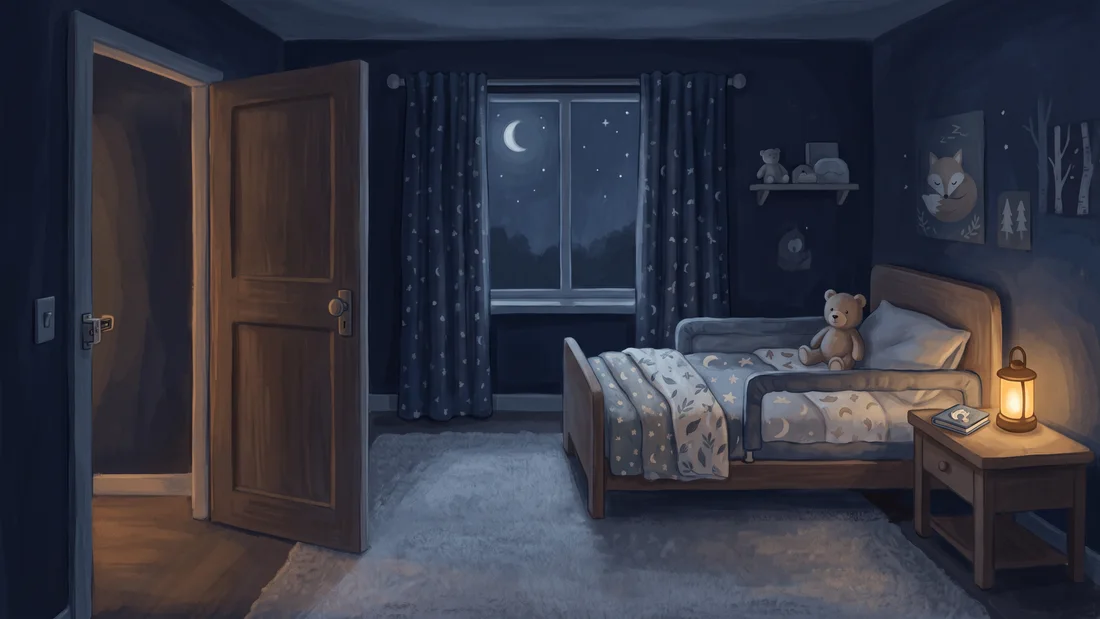 A child’s room prepared for bedtime, with a book and a bedside lantern