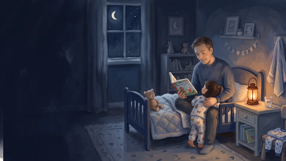 A father reading a bedtime story to his child beside a lantern